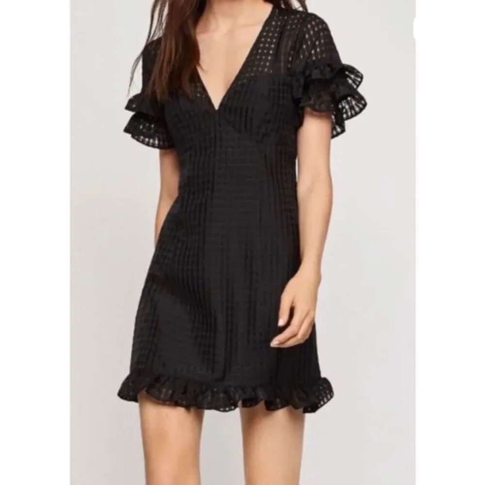 BCBG women’s black fit and flare ruffle V-neck dress 10